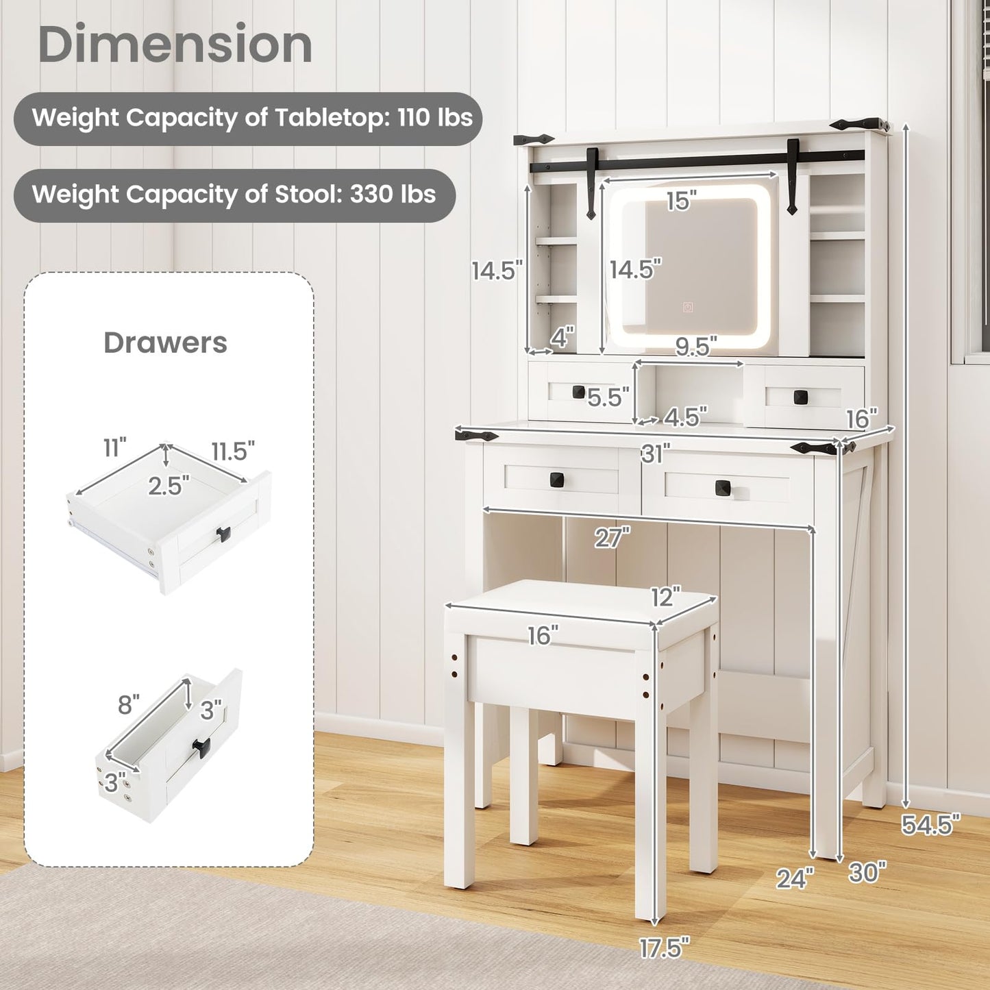 31'' Farmhouse Makeup Table with Sliding Mirror