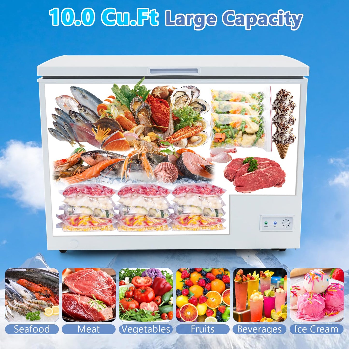 10 Cu.Ft. Chest Freezer, Compact Deep Freezer with 7-Level Adjustable Temperature, Removable Basket