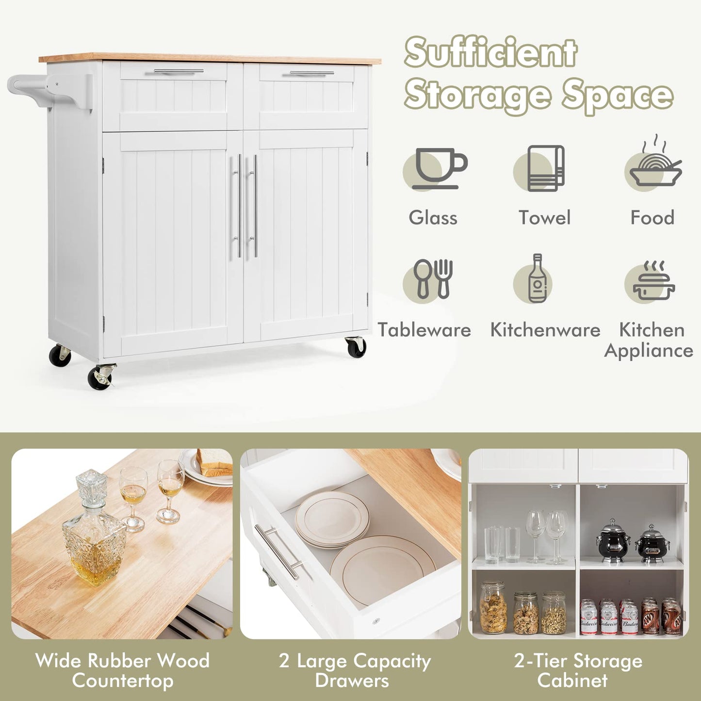 Kitchen Island Cart on Wheels with Side Towel Bar