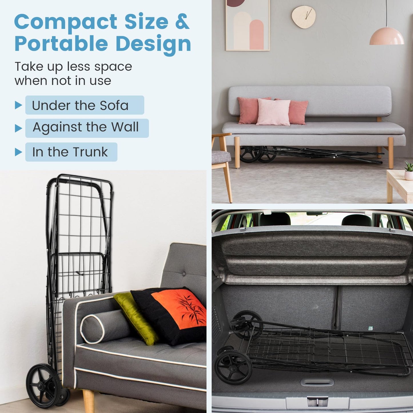 360° Swiveling Front Wheels Folding Shopping Cart Light Weight Utility Cart