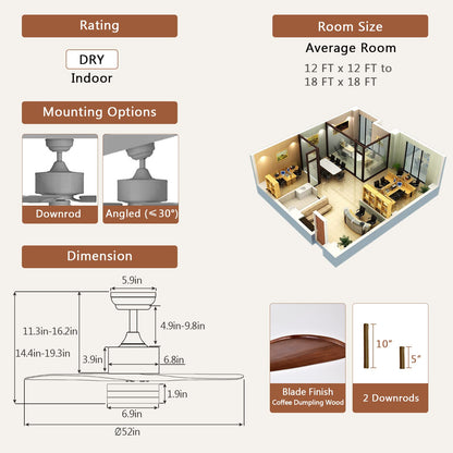 52 Inch Ceiling Fan with LED Light and Remote Control, Indoor Ceiling Fan for Living Room Bedroom