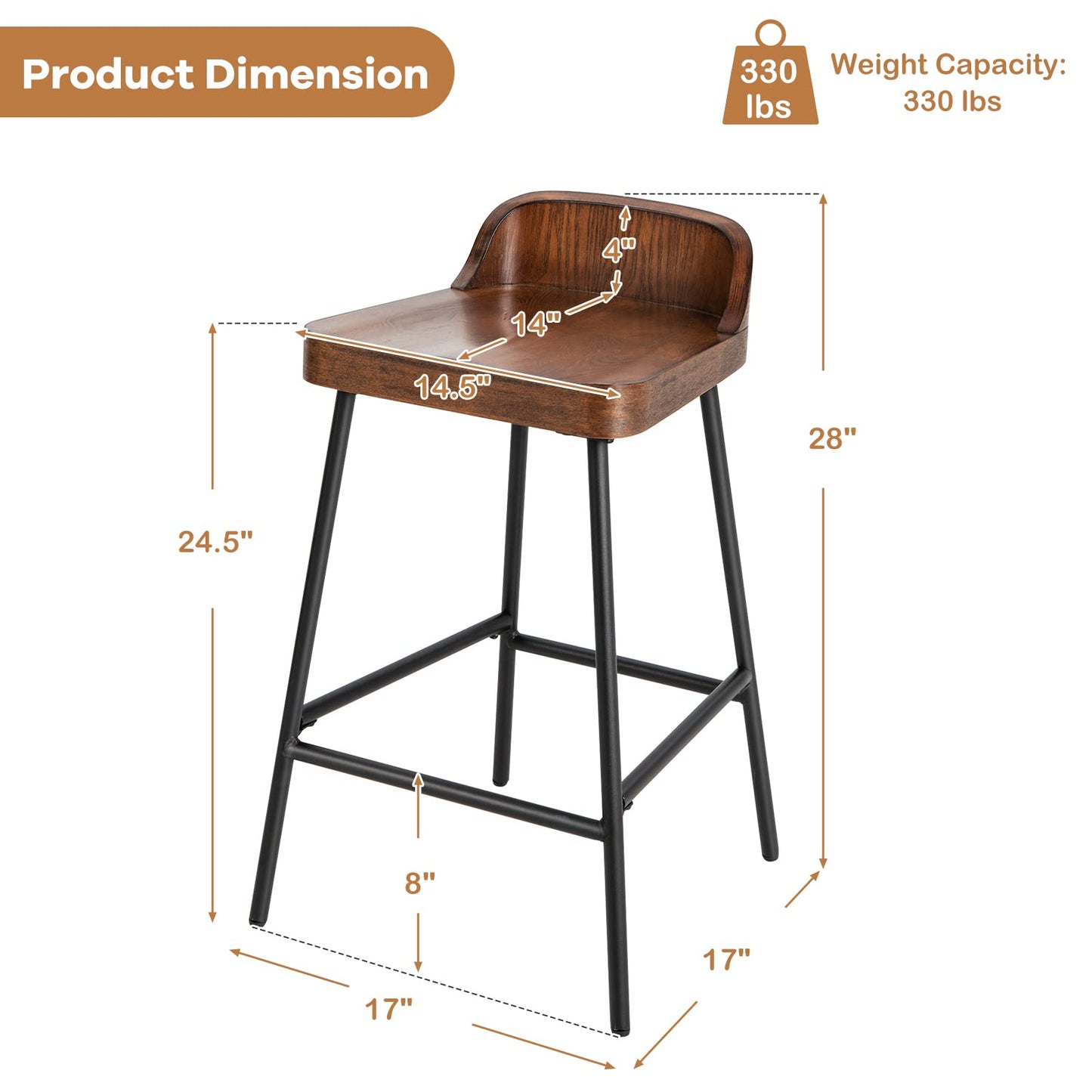 Bar Stool 24.5'' Industrial Pub Stool with Low Backrest and Footrest