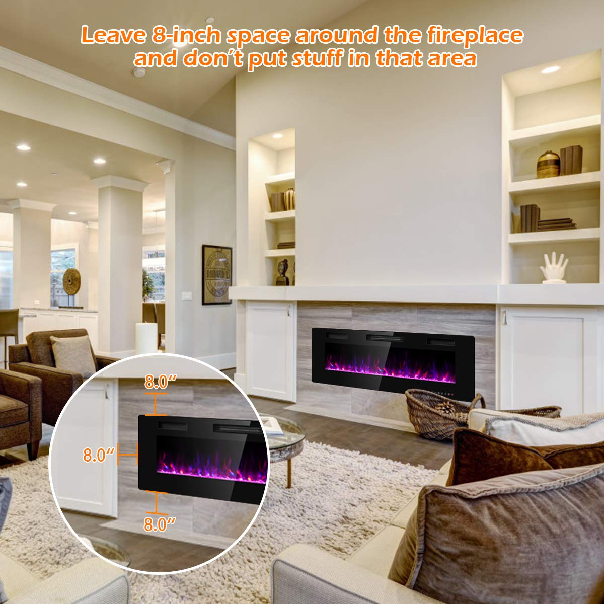 50 Inches Recessed Electric Fireplace, in-Wall & Wall Mounted Electric Heater