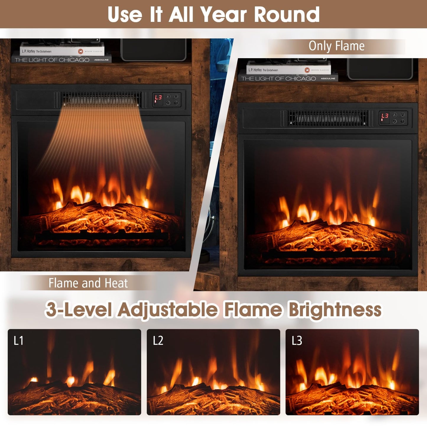 Corner Fireplace TV Stand with LED Lights for TVs up to 50”, Modern Entertainment Center with Electric Fireplace