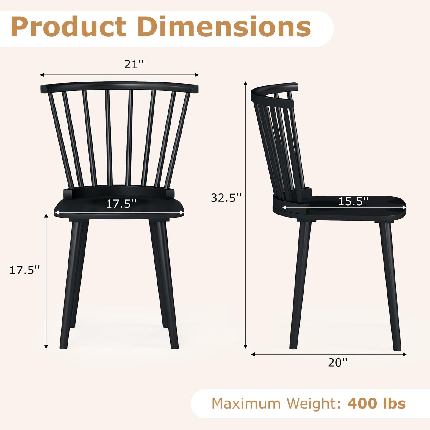 Windsor Dining Chairs Set of 2/4 with Spindle Back and Contoured Seat for Home