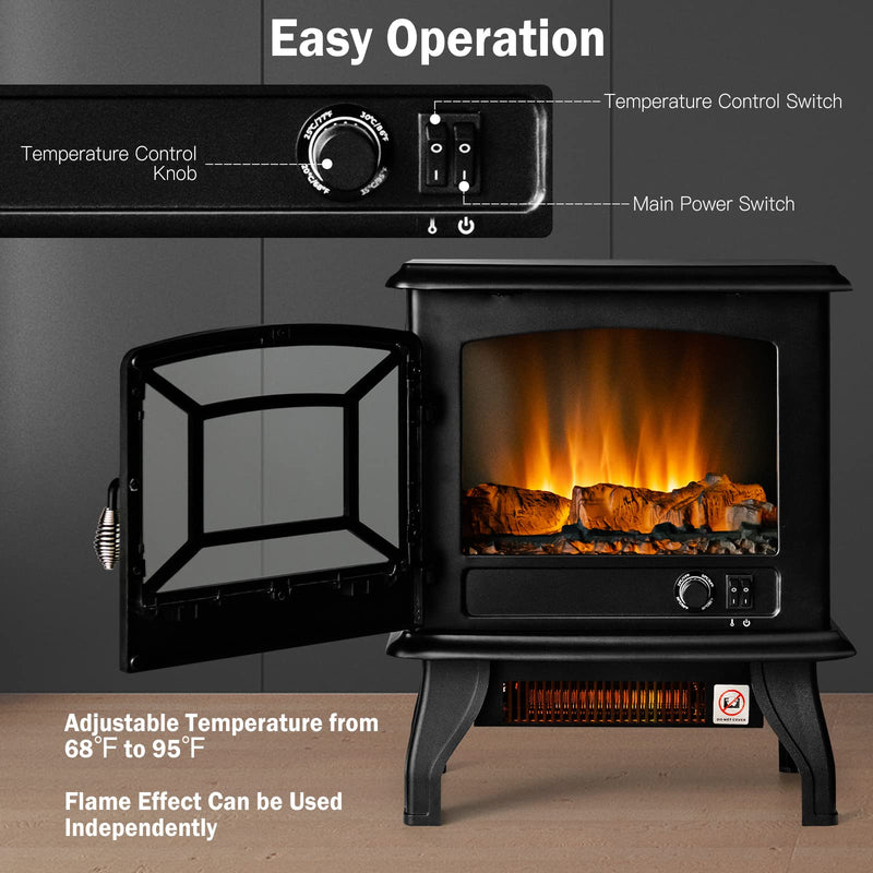 Electric Fireplace Stove 17-Inch Wide Freestanding Space Heater with 3D Realistic Flame