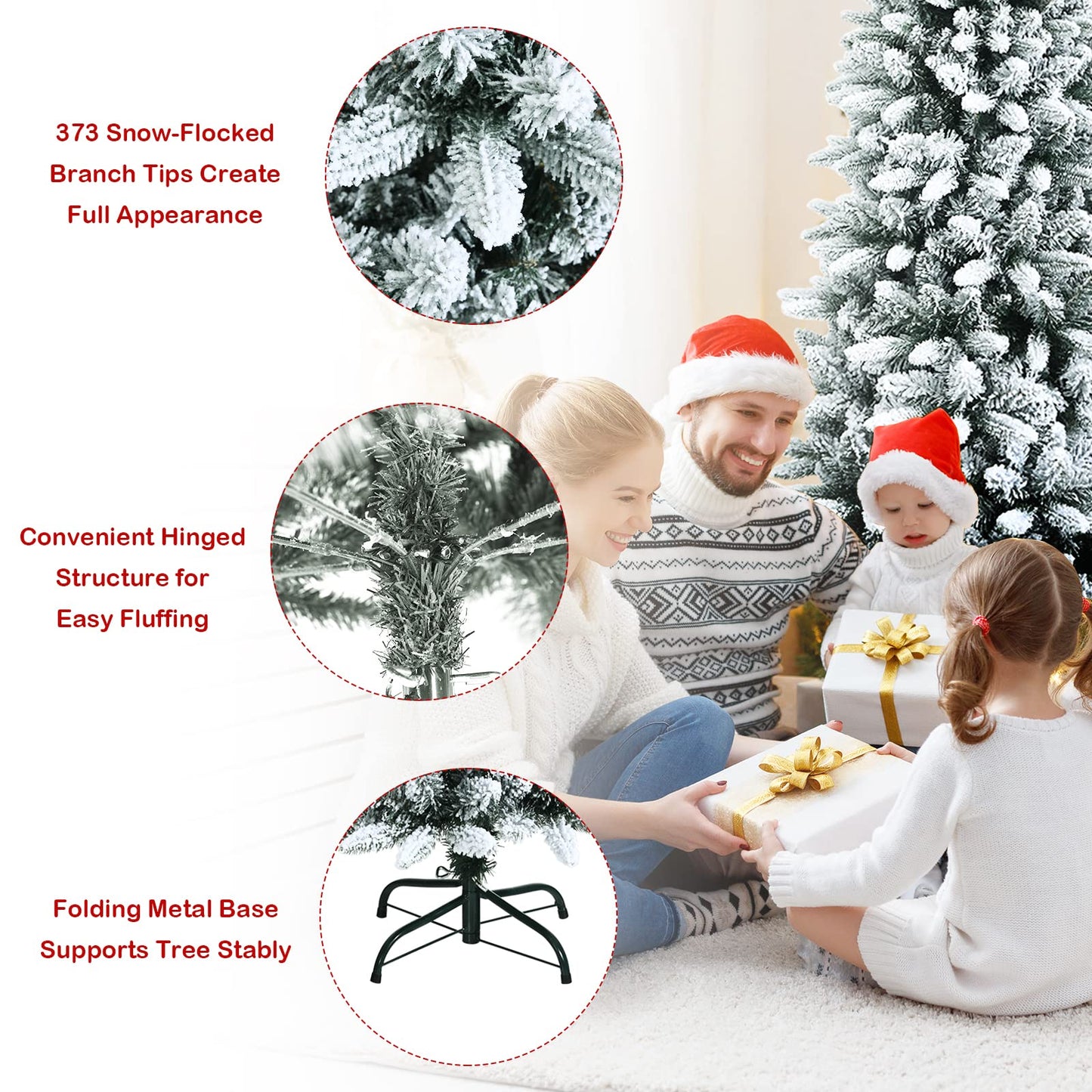 4.5Ft Snow-Flocked Artificial Christmas Tree w/ 373 Branch Tips