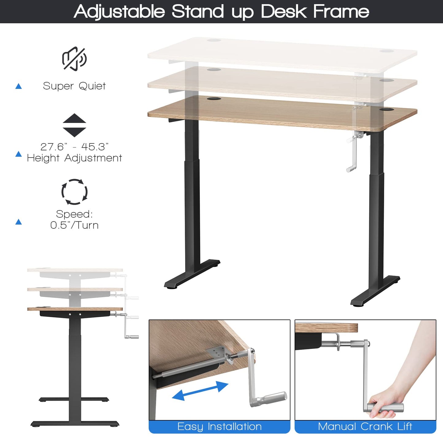 Manual Hand Crank Workstation Base w/Foldable Crank Handle