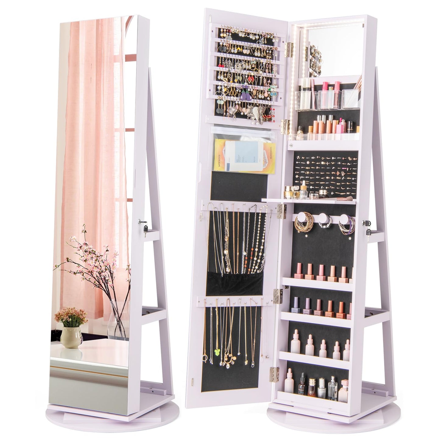 360° Rotating Mirrored Jewelry Cabinet Armoire 3 Color LED Modes Lockable