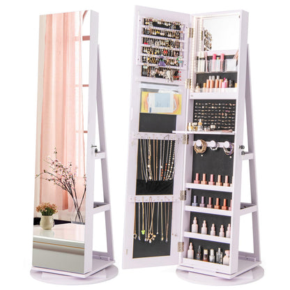 360° Rotating Mirrored Jewelry Cabinet Armoire 3 Color LED Modes Lockable