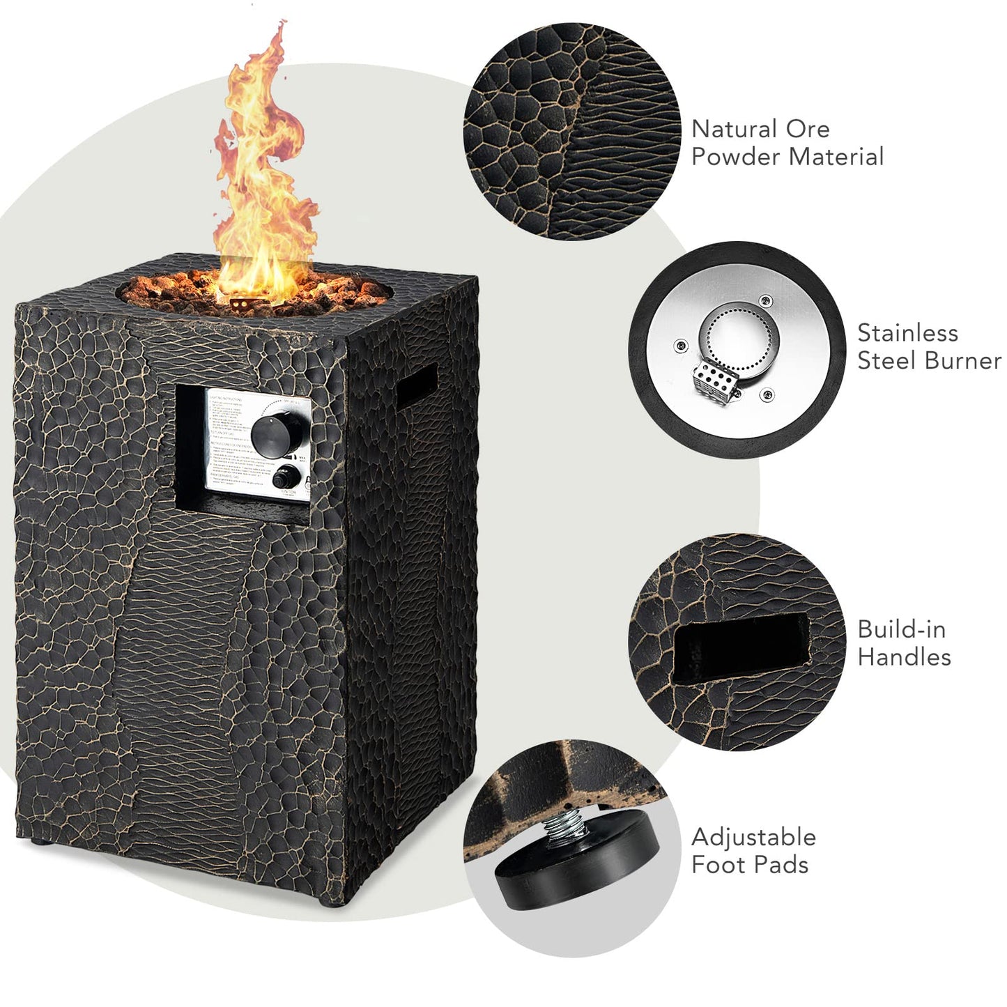 Fire Pit for Outside 16’’Gas Fireplaces 30,000 BTU Electronic Ignition Square with Lava Rocks