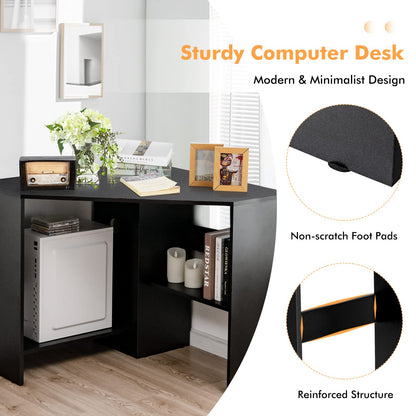 Corner Computer Desk Space-Saving Triangular Writing Desk w/ 2 Storage Shelves & 2 Cable Holes