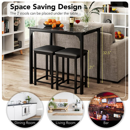 Space Saving Dinette Set w/Counter Height Table & 2 Upholstered Bar Stools