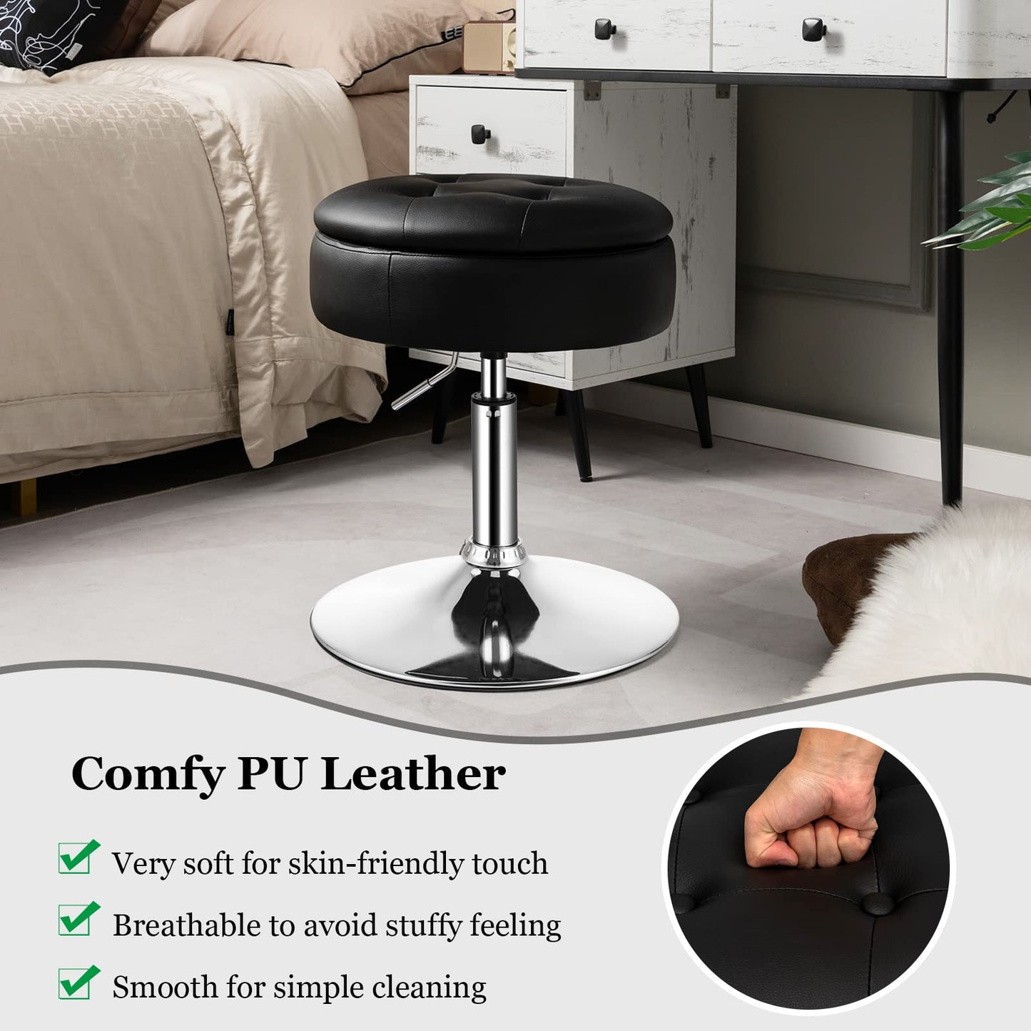 Adjustable Swivel Vanity Stool 360° Swivel 20"-26" Height Adjustable Tufted Round PU Leather Ottoman with Storage