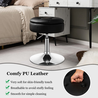 Adjustable Swivel Vanity Stool 360° Swivel 20"-26" Height Adjustable Tufted Round PU Leather Ottoman with Storage