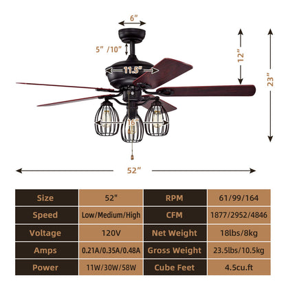 52-Inch Ceiling Fan with Lights, Industrial Ceiling Fan w/ 5 Iron Blades & 3 Cage Lights