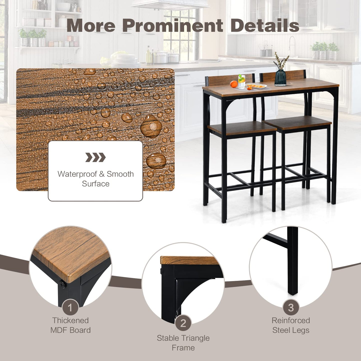 3 Pieces Bar Table Set Pub Table Set W/Heavy Duty Steel Frame