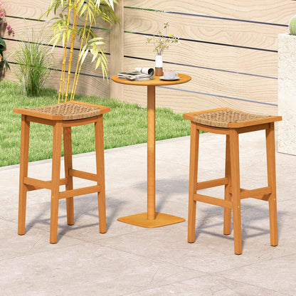 Outdoor PE Rattan Saddle Stools with Acacia Wood Footrests