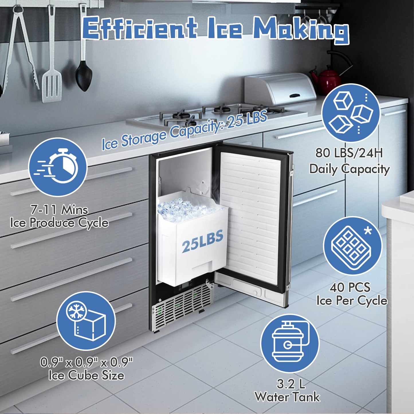 Commercial Ice Maker, 80LBS/24H Freestanding and Under Counter 115V Industrial Ice Machine with Self-Cleaning Function