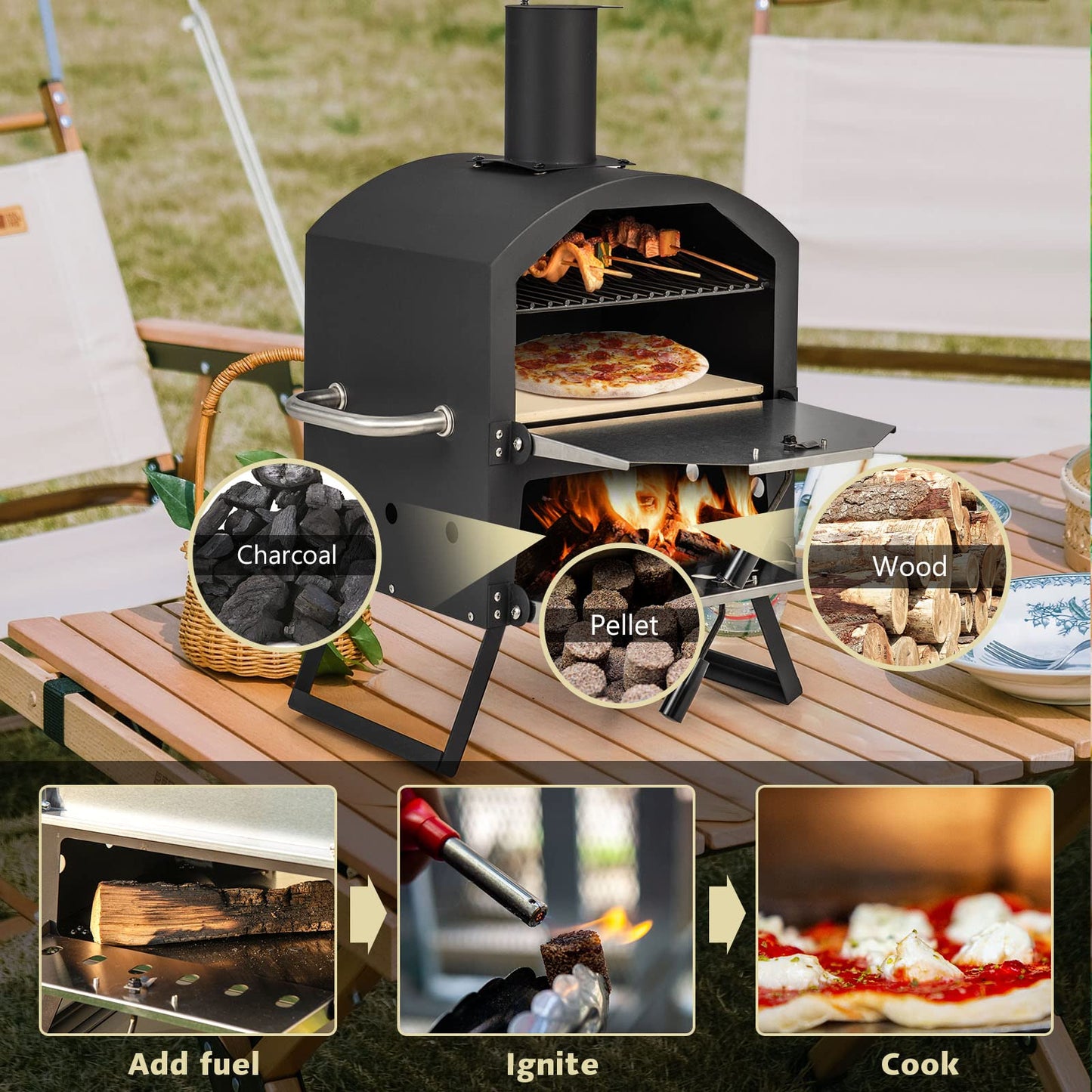 Wood Fire Peel Stone Waterproof Cover Fold-up Legs Portable Stainless Steel Maker for Camping