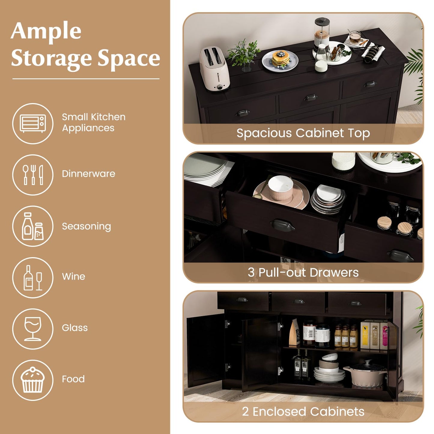 Sideboard Buffet Kitchen Storage Cabinet with Countertop 2 Cabinets & 3 Drawers