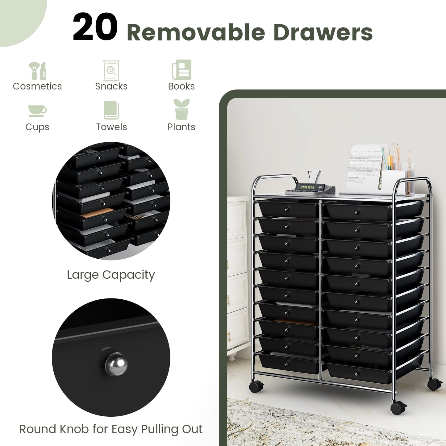 20-Drawer Rolling Storage Cart Utility Storage Organizer Cart for Tools