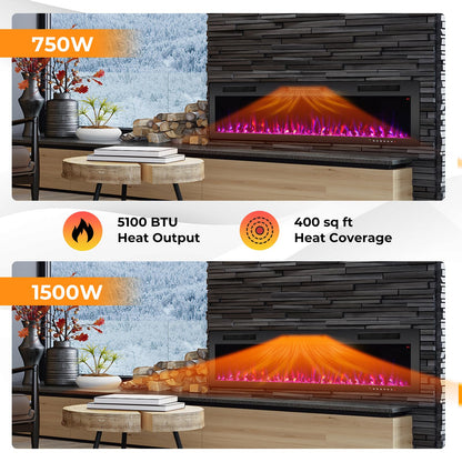 60 Inch Electric Fireplace Recessed and Wall Mounted, 750W/1500W Electric Fireplace Heater with Remote