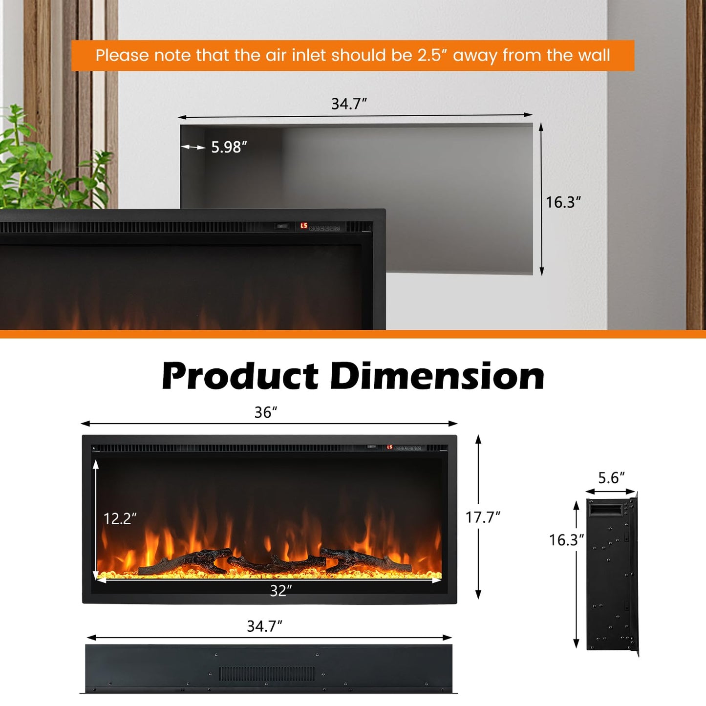 Electric Fireplace 36-Inch Wide, 9 Flame Color, 5-Level Brightness, 8H Timer, Thermostat