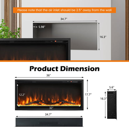 Electric Fireplace 36-Inch Wide, 9 Flame Color, 5-Level Brightness, 8H Timer, Thermostat