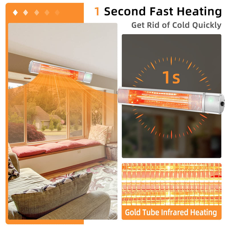 Wall-Mounted Patio Heater 3 Heat Setting 1 s Instant Heating for Garage and Backyard