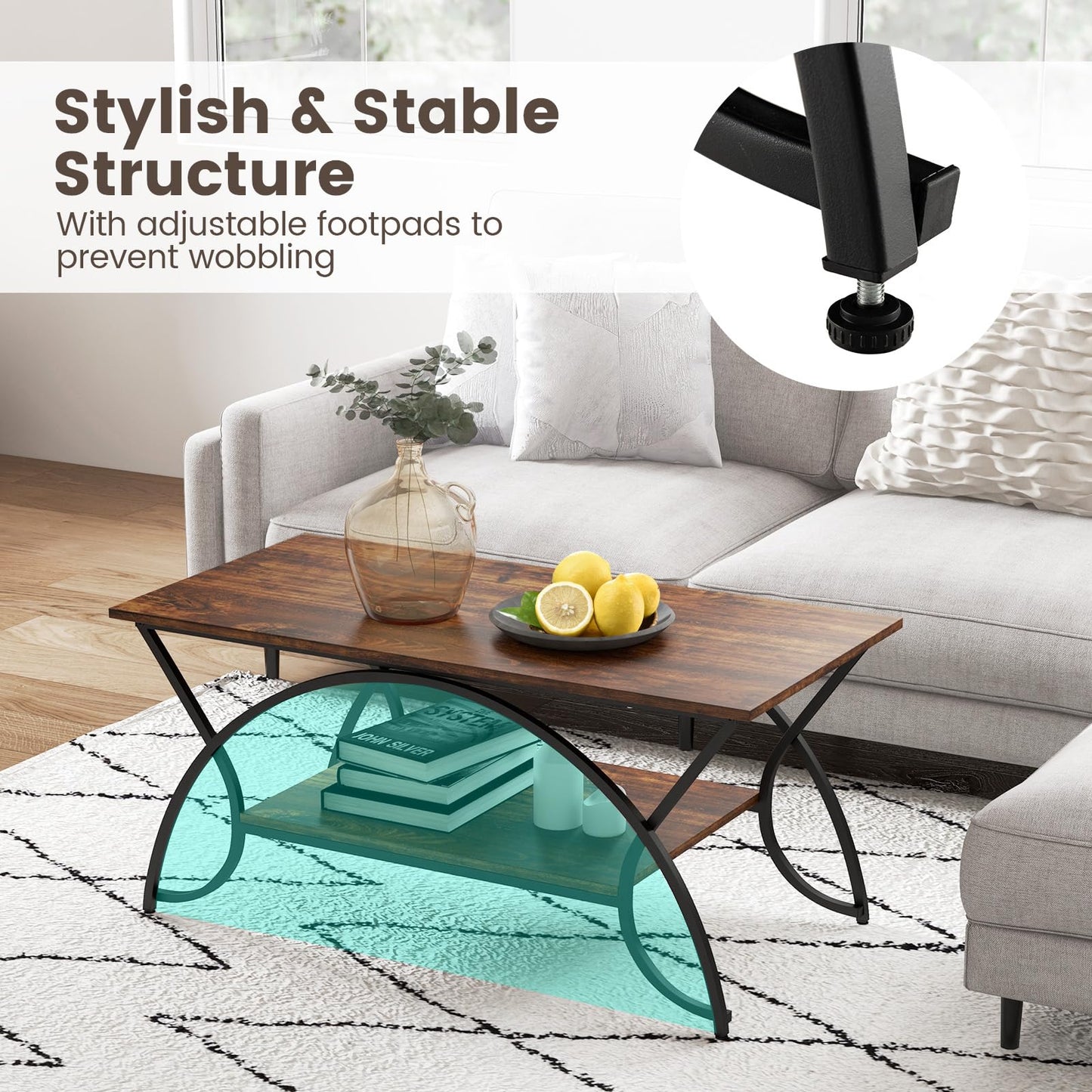 2-Tier Coffee Table Industrial Wood Accent Table with Storage Shelf and Black Finished Metal Frame