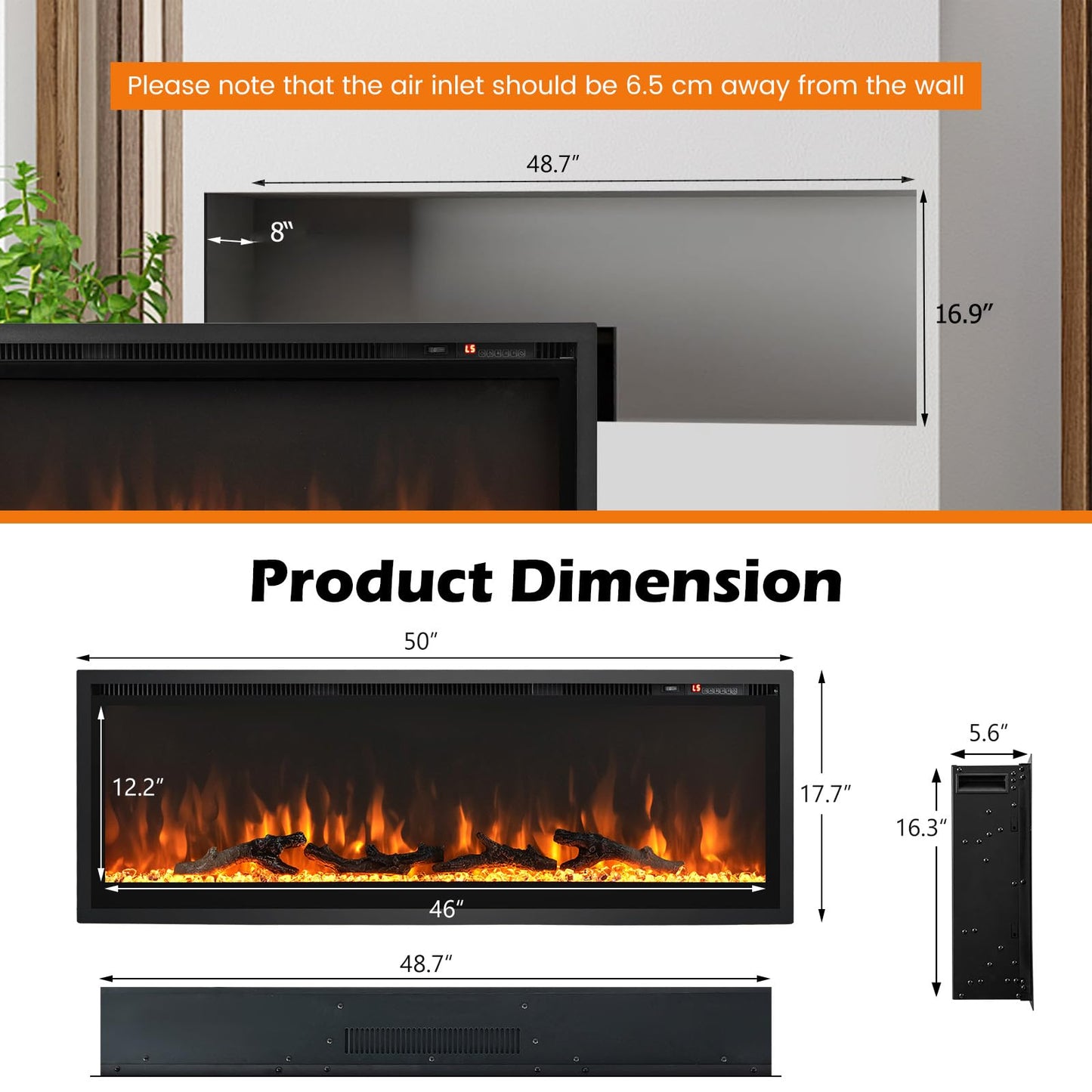 Electric Fireplace 50 Inch Wide with Crystal Decor and Log