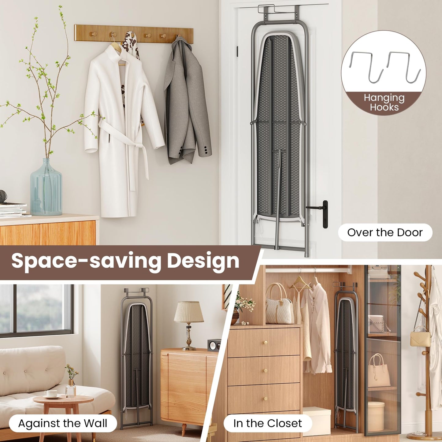 Space Saving Metal Hanging Ironing Board with Iron Holder & Cotton Cover