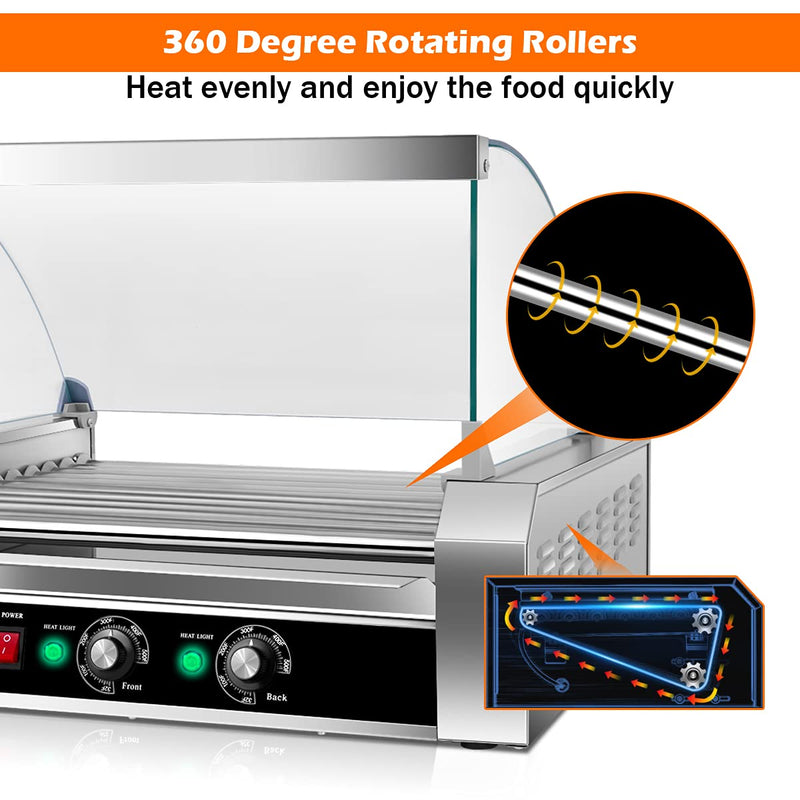 Hot Dog Roller Machine, 11 Non-Stick Rollers 30 Sausage Grill Cooker with Removable Stainless Steel Drip Tray