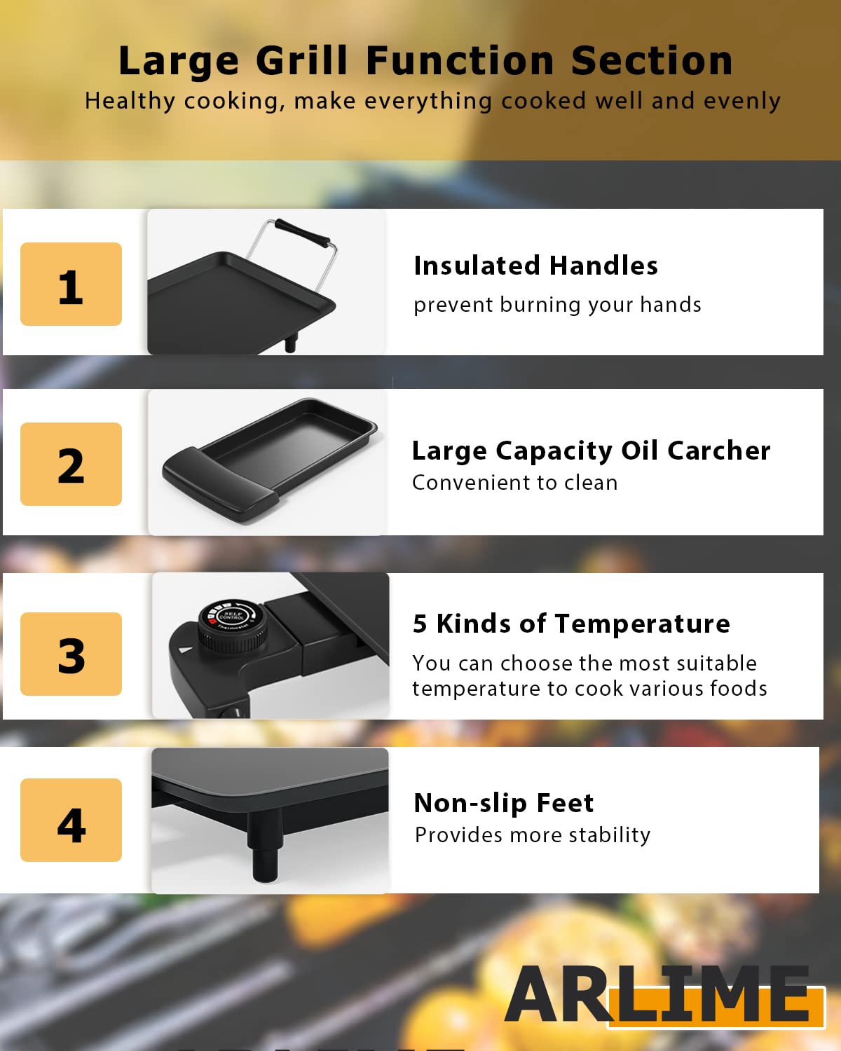 Close-up of non-stick teppanyaki grill surface with vegetables - Arlime