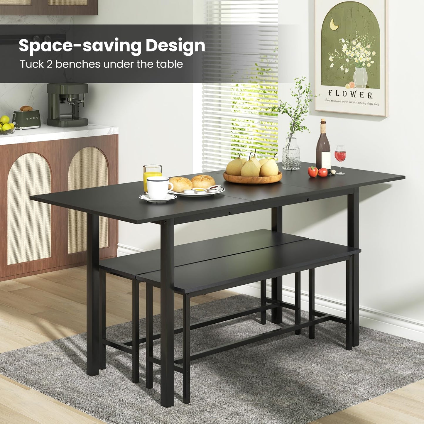 63” Extendable Kitchen Table Set with 2 Benches for Small Space