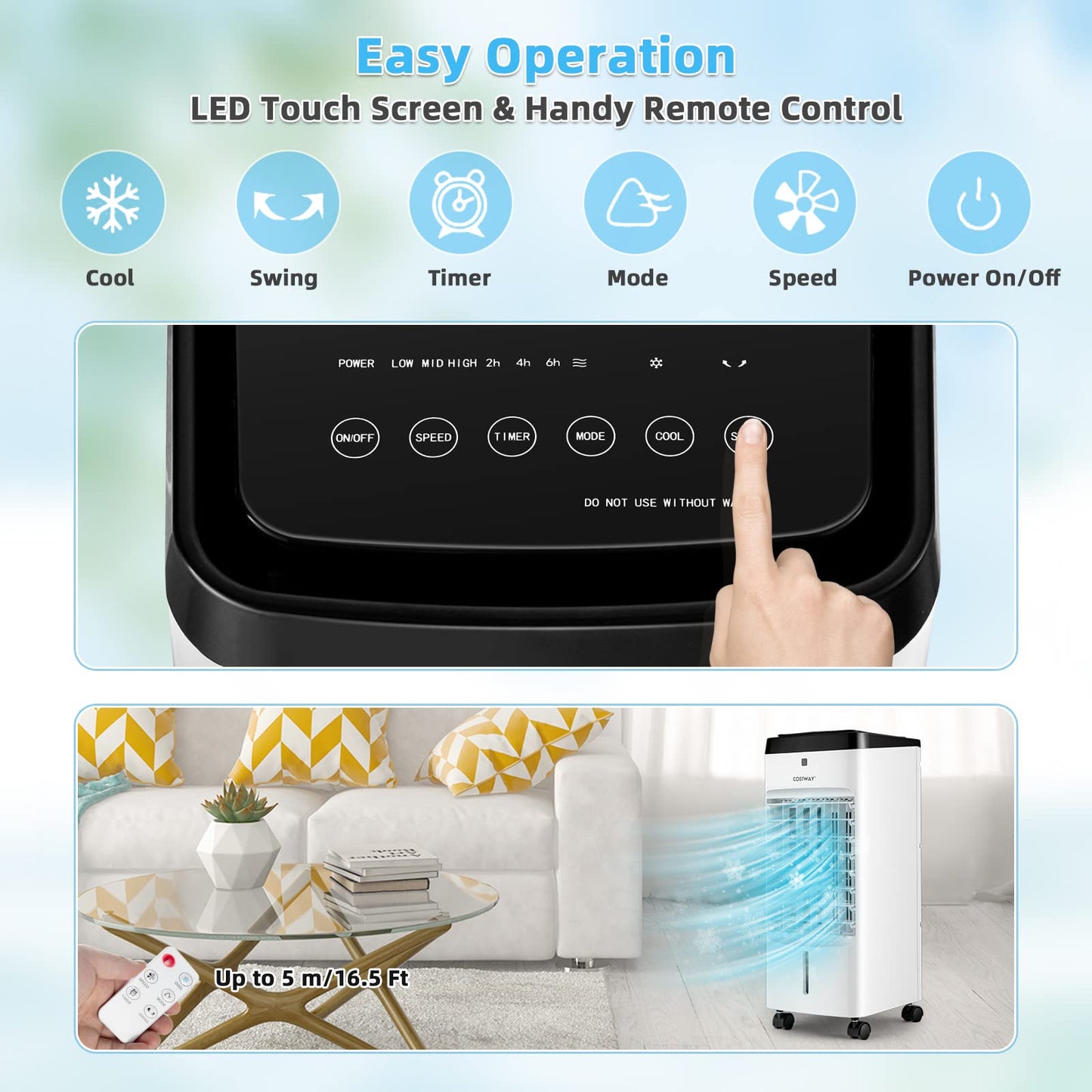 Evaporative Air Cooler, 3-in-1 Portable Quiet Swamp Cooler and Humidifier with Remote, 4 Modes, 70° Oscillation