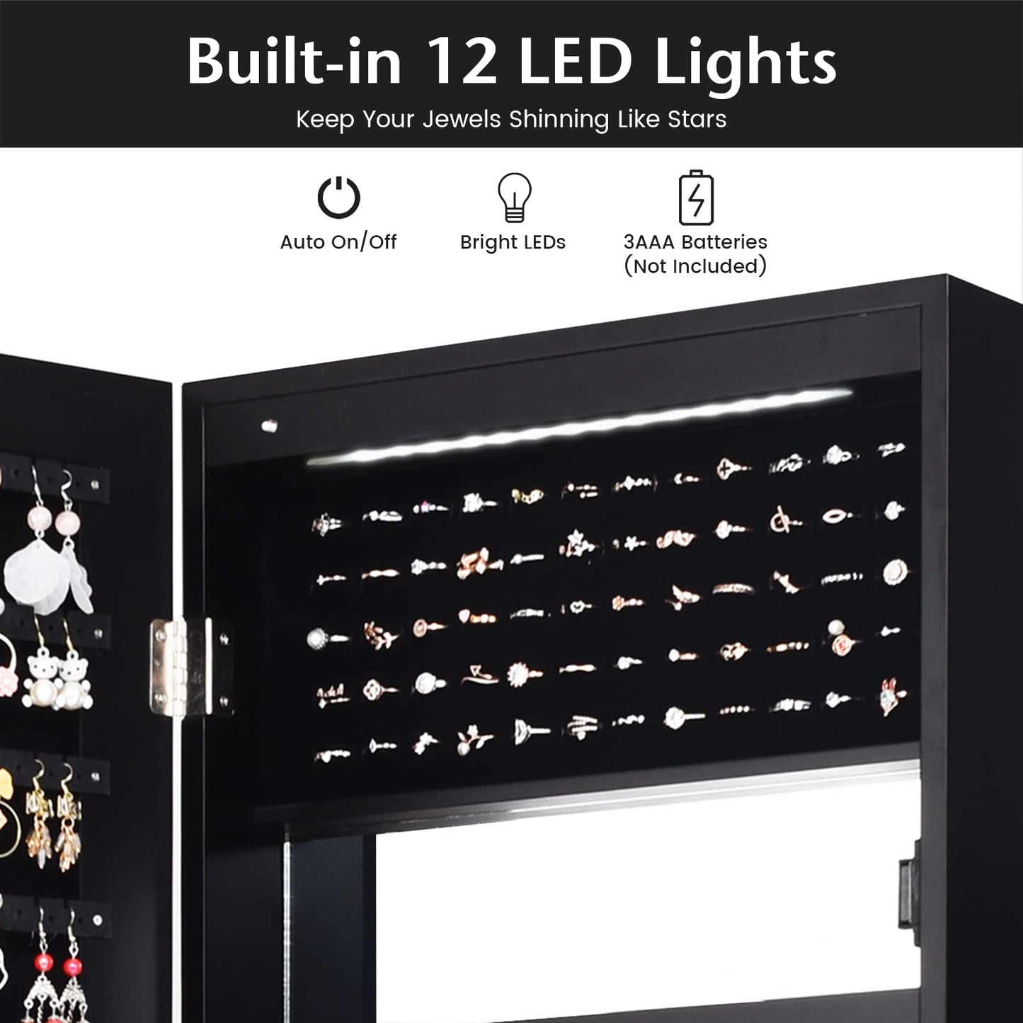 12 LEDs Mirror Jewelry Cabinet with 53.5” Full Length Mirror & Large Storage Capacity