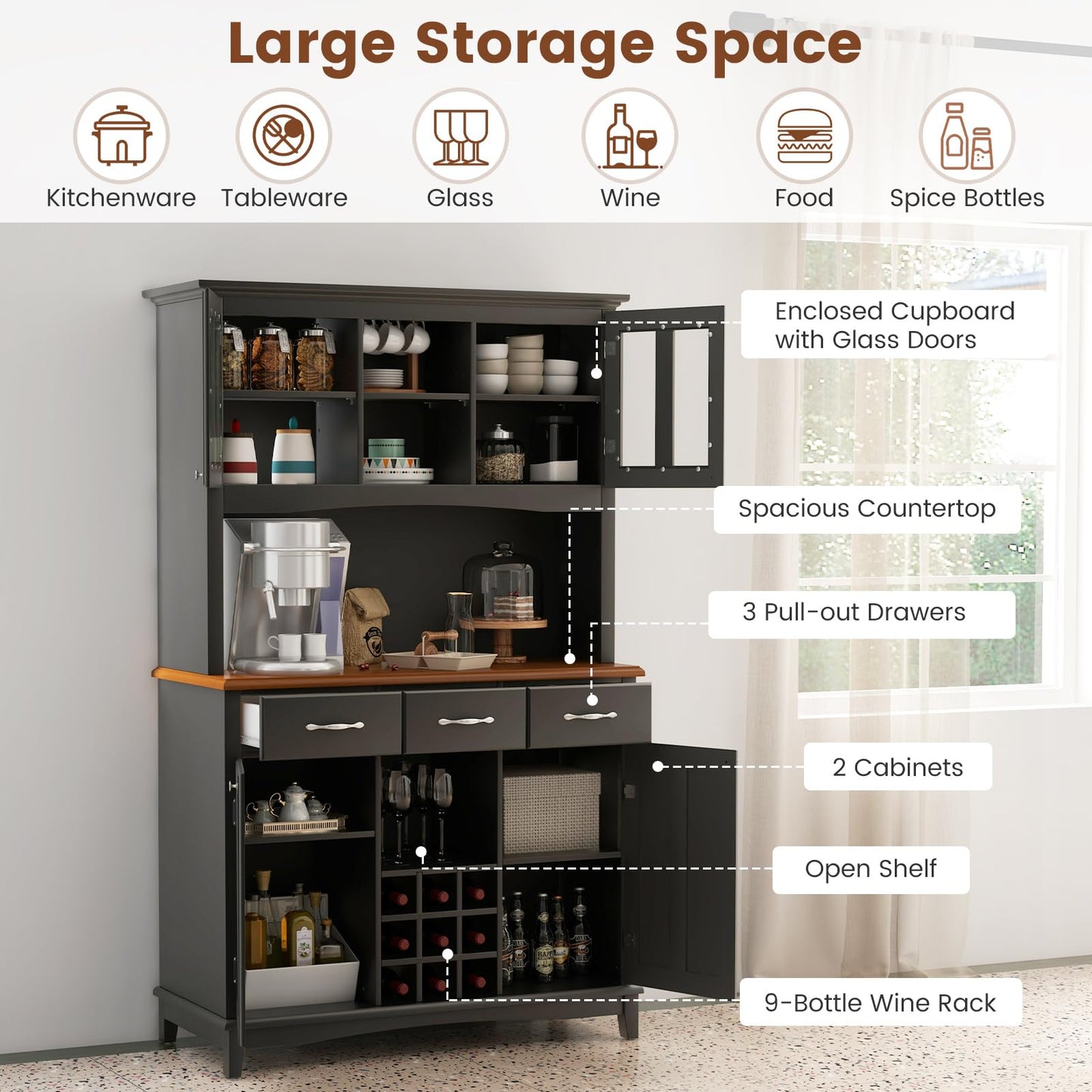 Kitchen Hutch Storage Cabinet Freestanding Pantry Buffet Sideboard