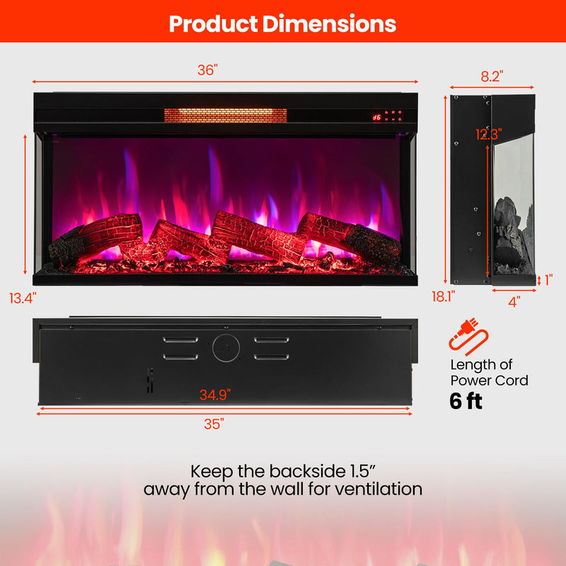 36-Inch 3 Side Glass Electric Fireplace with Remote Control