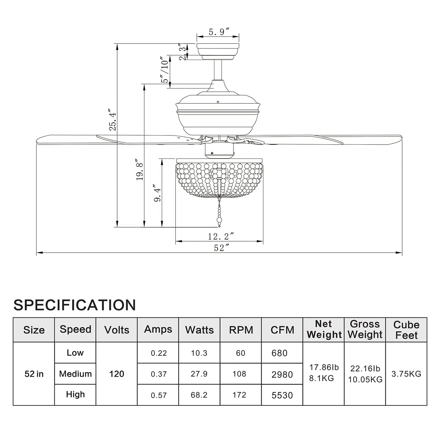 52" Ceiling Fan with Lights and Remote Control, Retro Lighting Ceiling Fan with 5 Blades