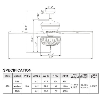 52" Ceiling Fan with Lights and Remote Control, Retro Lighting Ceiling Fan with 5 Blades