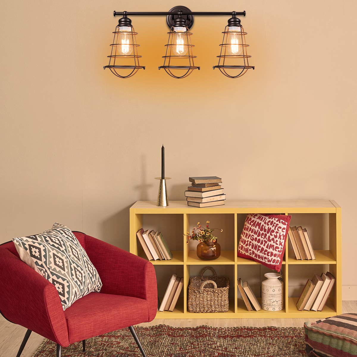 3-Light Vintage Vanity Lights, Industrial Metal Wire Cage Wall Sconces, Metal Wall Mount Lamp (Black & Golden)