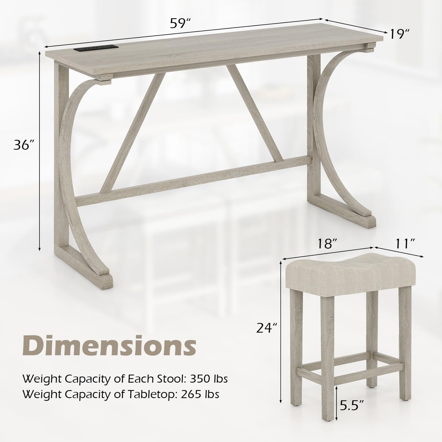 4 Piece Farmhouse Bar Table Set with Power Outlet for Kitchen
