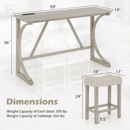 4 Piece Farmhouse Bar Table Set with Power Outlet for Kitchen