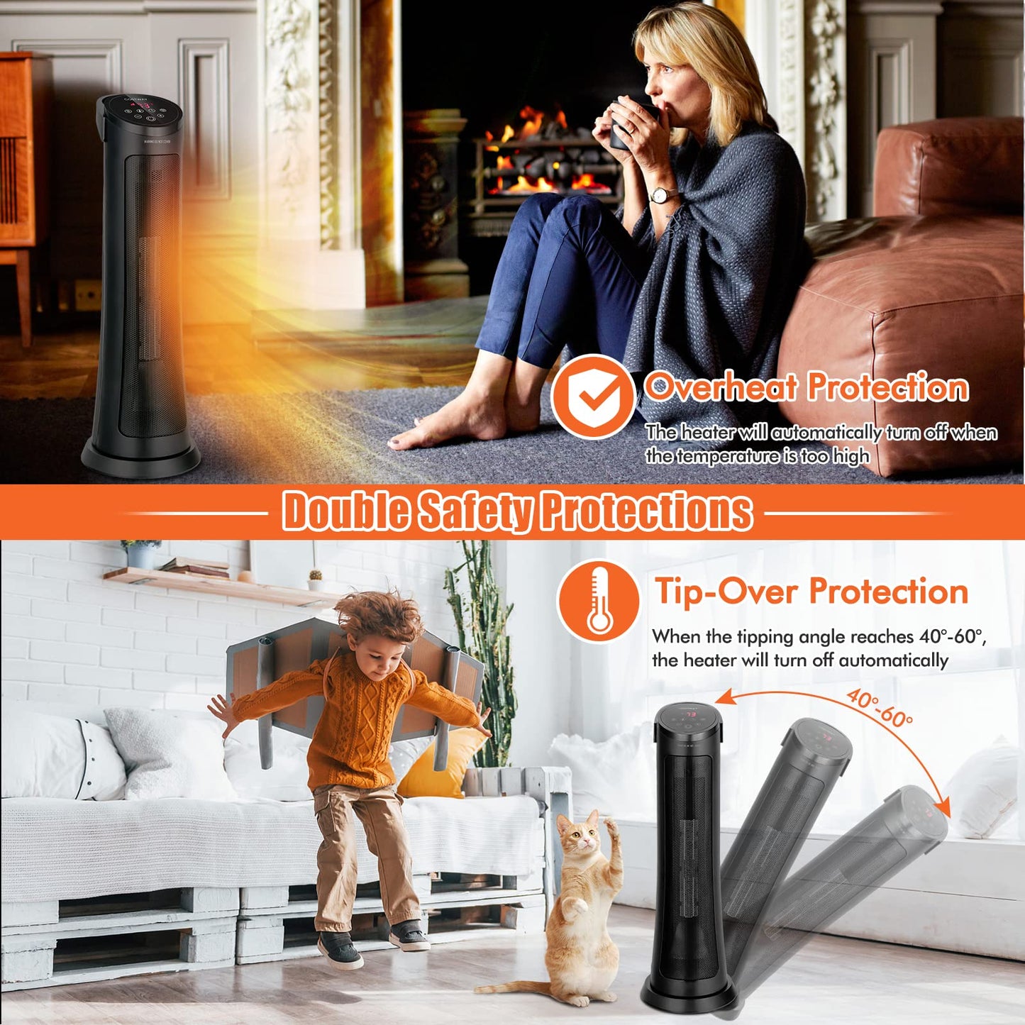Space Heater for Indoor Use, 1500W PTC Ceramic Heater w/ 60° Oscillation, 3 Modes, 24H Timer