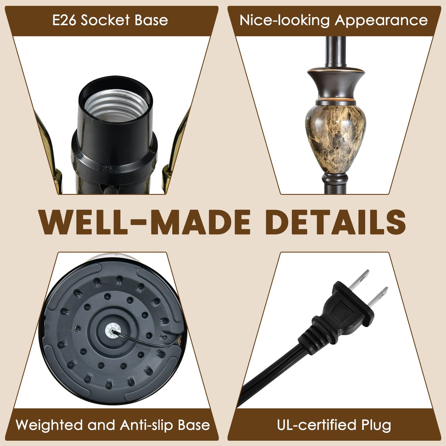 Table and Floor Lamp Set, 3-Piece Traditional Style Lamp Set