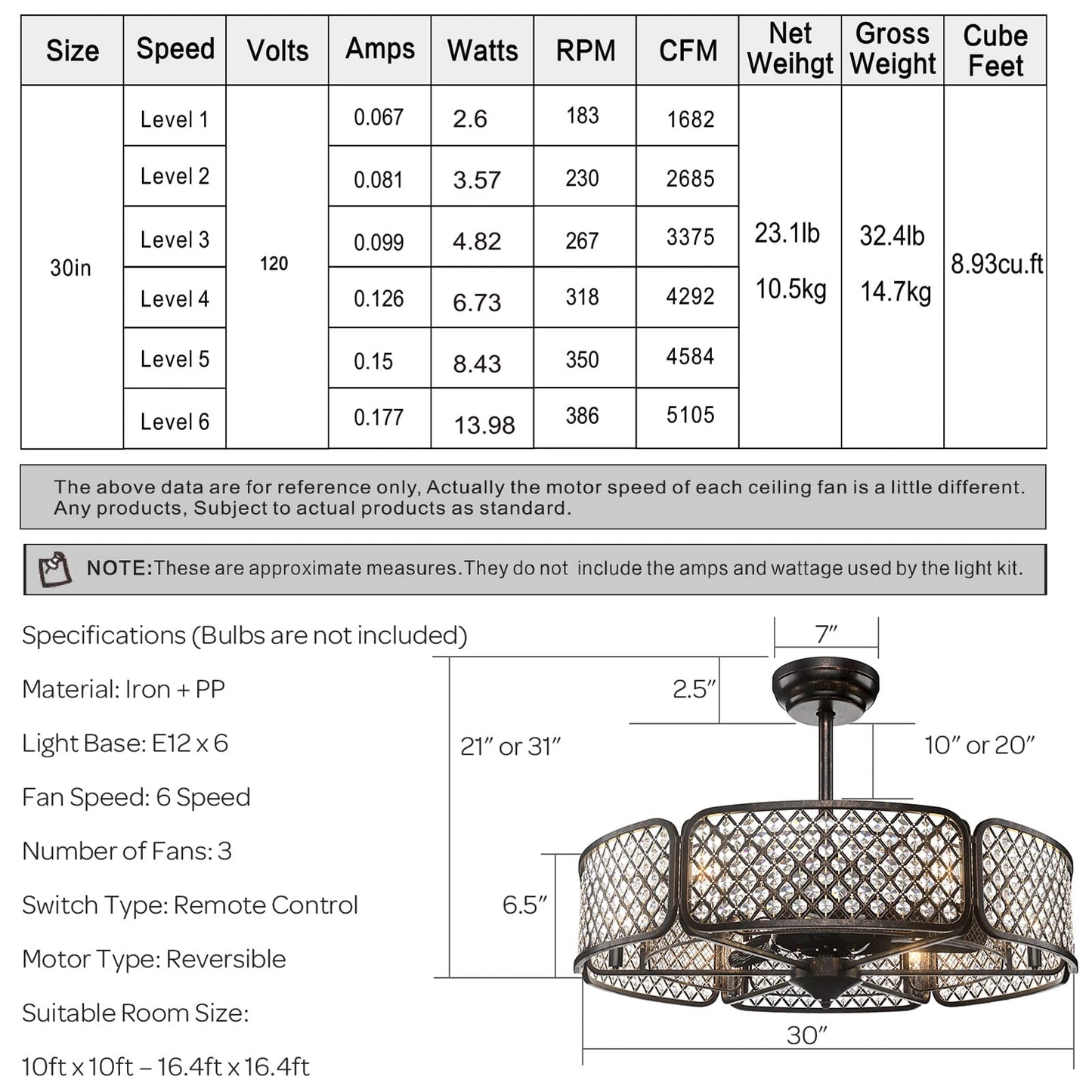 Caged Ceiling Fan with Light, 30 Inch Crystal Ceiling Fan with 6 Light Bases, 3 Fan Blades & Remote Control