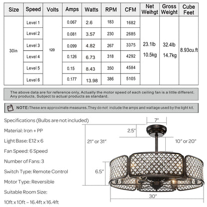 Caged Ceiling Fan with Light, 30 Inch Crystal Ceiling Fan with 6 Light Bases, 3 Fan Blades & Remote Control