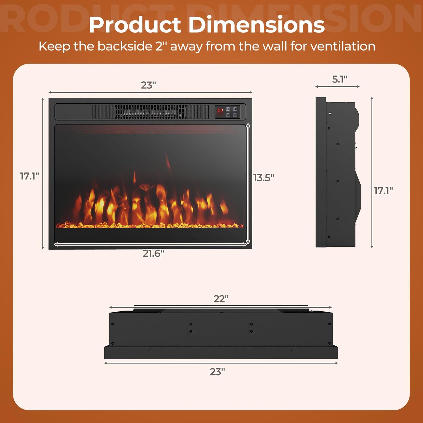 23 Inches Electric Fireplace Insert 750W/1500W Fireplace Heater with Remote Control